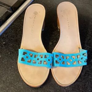 Cute aqua sandals by Trina Turk. Teal suede.